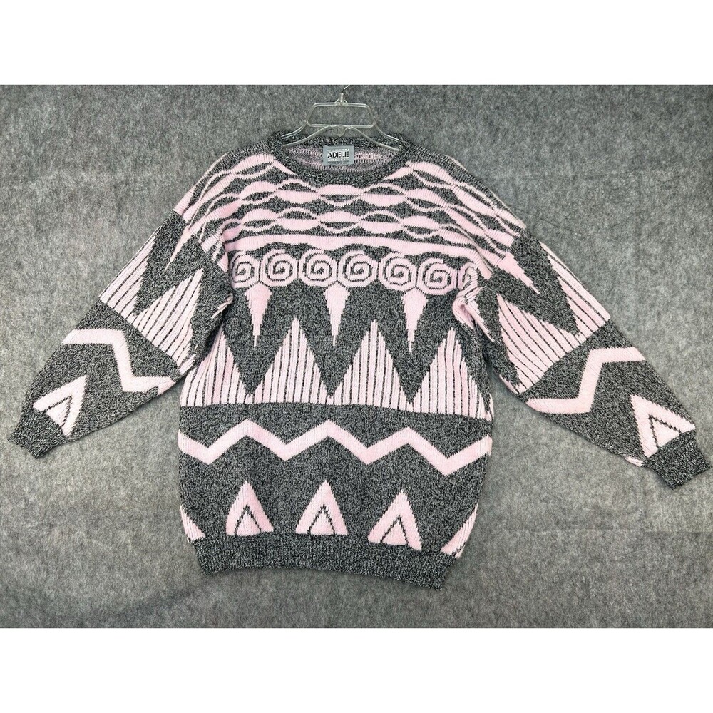 VTG 80s Adele Knit Sweater Retro Geometric Artsy Abstract Pink Gray Made In USA